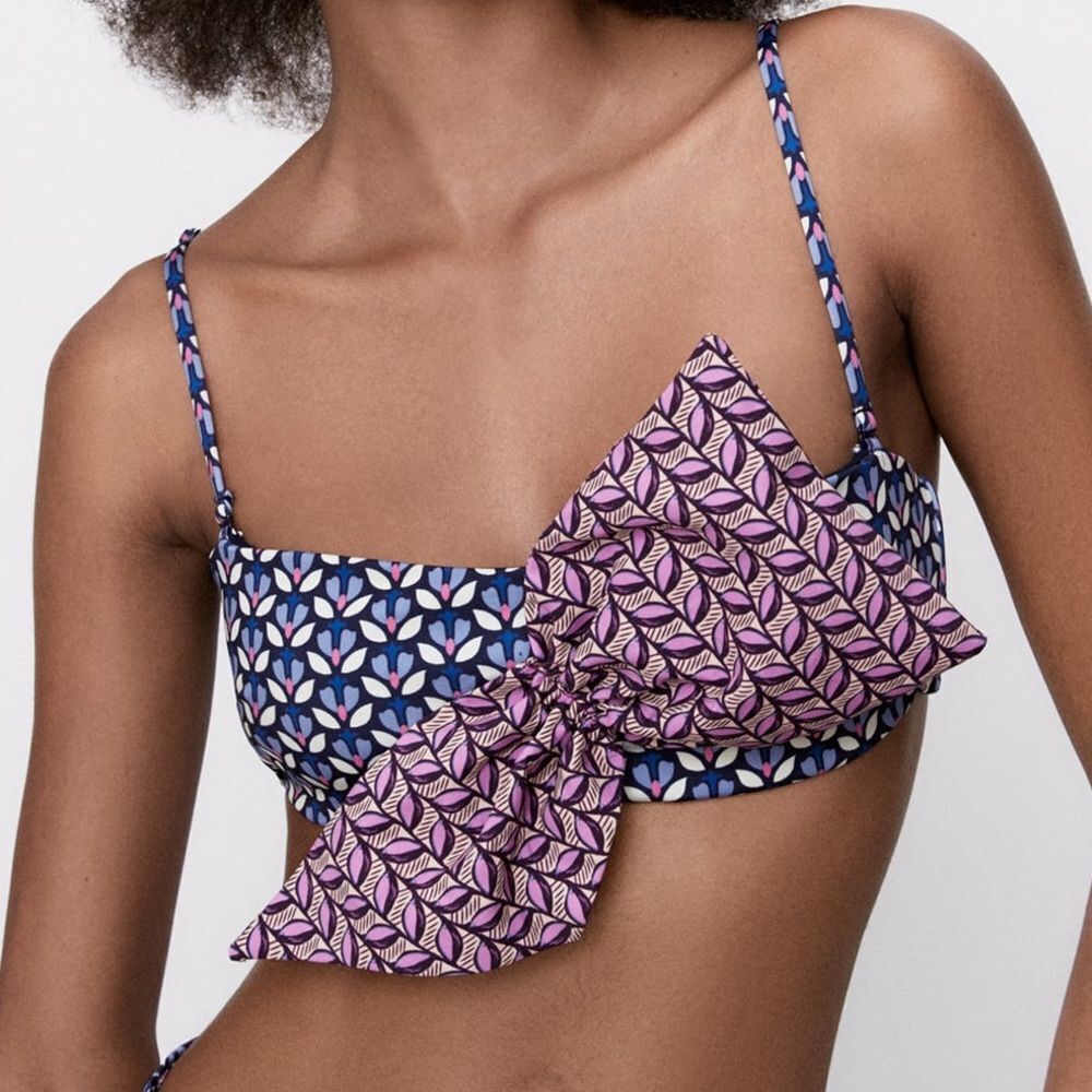 Zara Haut De Bikini Imprime a Noeud Bikini Top Size Small NWT